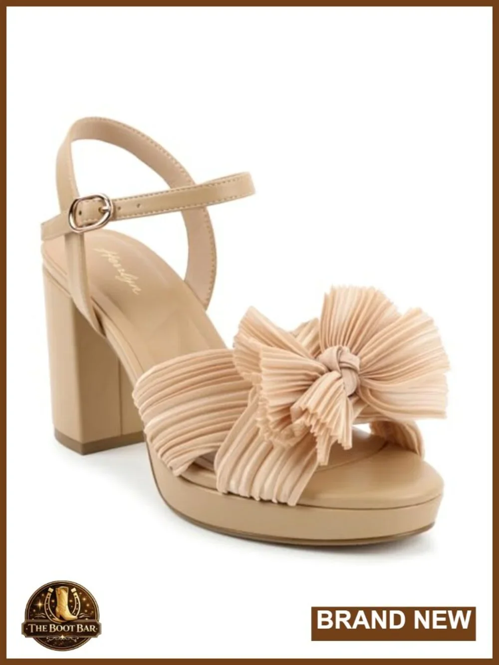 Women's Square Toe Backless Heeled Sandals with Pleated Bow, Platform Block
